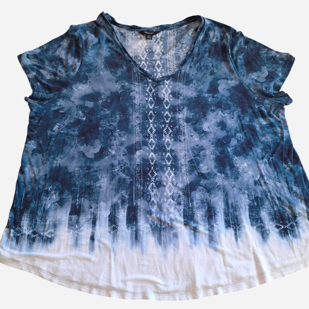 Vera Wang Plus Size 2X blue and white tie dye boho short sleeve tunic